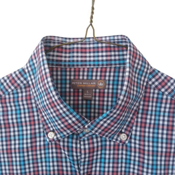PETER MILLAR | Summer Comfort Performance Sport Blue Pink Button Down Shirt L - Picture 5 of 13
